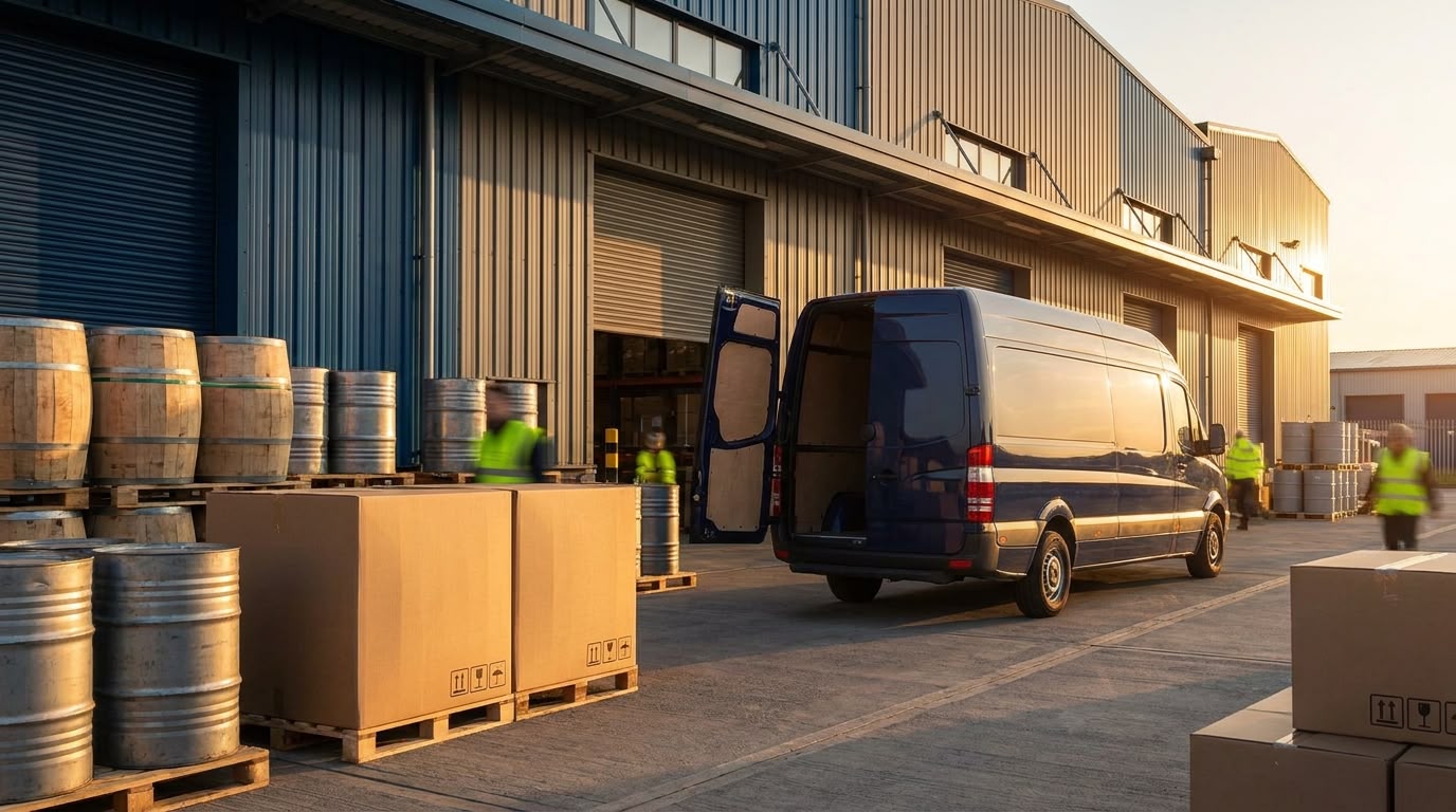UK warehouse loading dock with shipment barrels ready for export