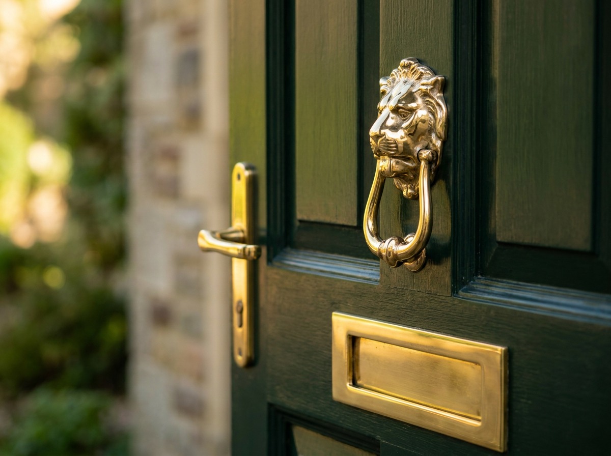 UK-style panelled front doors with brass hardware