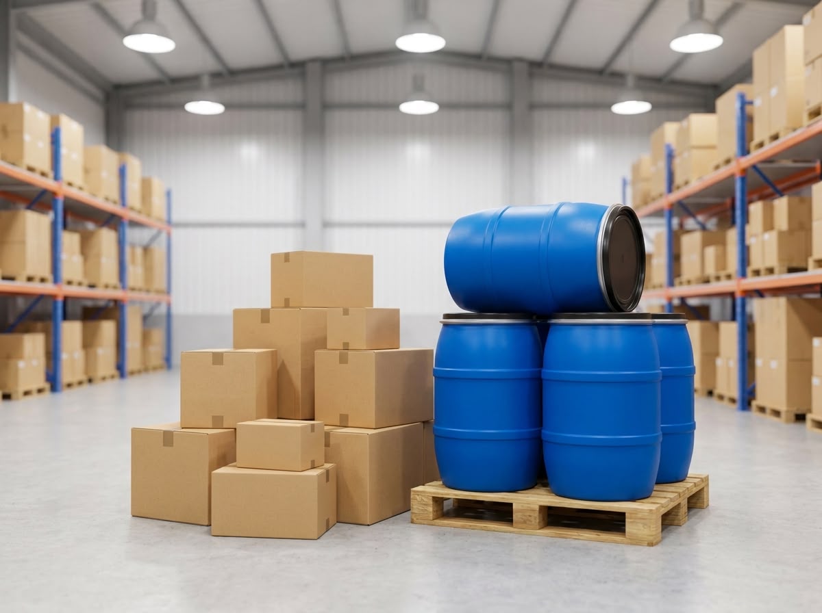 Shipping barrels and boxes ready for export