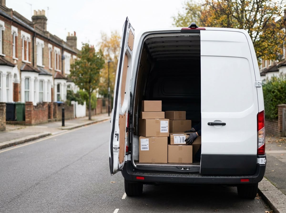 Delivery van loaded with packed boxes